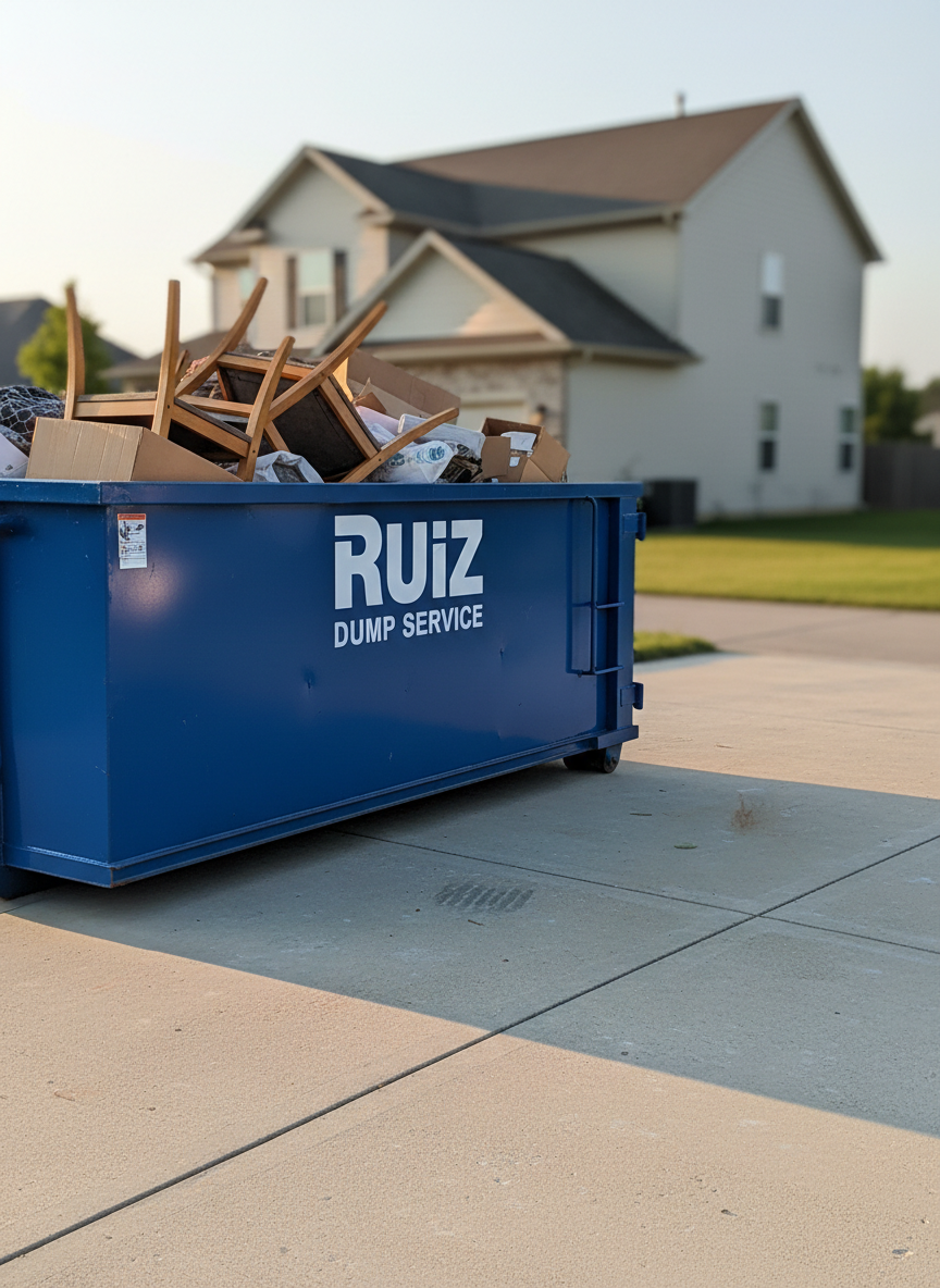 A heavy-duty, bright blue metal dumpster with the bold white logo “Ruiz Dump Service” stenciled cleanly on the side, parked on a freshly swept concrete driveway beside a neat suburban home. The dumpster is partially filled with broken furniture, flattened cardboard boxes, and neatly stacked junk, all clearly contained. Late afternoon golden sunlight creates crisp highlights on the metal edges and casts sharp, confident shadows on the ground. Shot at eye level with a wide lens, the composition places the dumpster on the rule of thirds, with the house softly blurred in the background. The photographic realism and vibrant colors create a bold, professional, and dependable atmosphere that clearly communicates efficient junk removal service without any human presence.