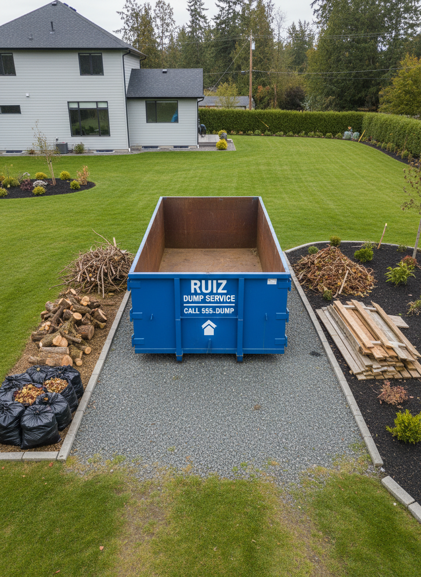 A clean, open residential yard with a large, rugged Ruiz Dump Service roll-off dumpster positioned centrally on compacted gravel, its steel sides a vivid cobalt blue with high-contrast white lettering. Piles of yard waste, including trimmed branches, bagged leaves, and old fencing, are neatly stacked beside the container, ready for loading. Overcast sky provides diffused, even lighting that eliminates harsh shadows, creating a crisp, photographic look. The camera captures the scene from a slightly elevated angle, showing both the capacity of the dumpster and the tidy surrounding yard. The mood is bold and energetic yet organized, emphasizing transformation from clutter to clean space and highlighting professional yard and trash removal without showing any people.