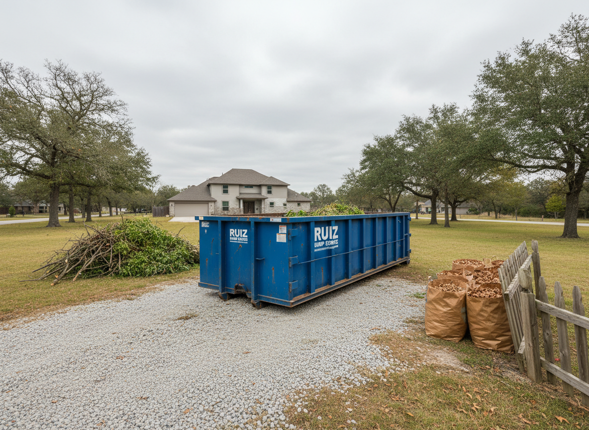 A clean, open residential yard with a large, rugged Ruiz Dump Service roll-off dumpster positioned centrally on compacted gravel, its steel sides a vivid cobalt blue with high-contrast white lettering. Piles of yard waste, including trimmed branches, bagged leaves, and old fencing, are neatly stacked beside the container, ready for loading. Overcast sky provides diffused, even lighting that eliminates harsh shadows, creating a crisp, photographic look. The camera captures the scene from a slightly elevated angle, showing both the capacity of the dumpster and the tidy surrounding yard. The mood is bold and energetic yet organized, emphasizing transformation from clutter to clean space and highlighting professional yard and trash removal without showing any people.