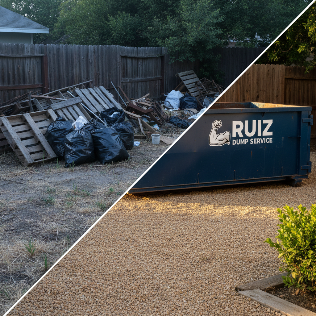 A bold before-and-after style exterior scene split diagonally: on the left, a chaotic side yard overflowing with rusted metal, broken pallets, and torn trash bags spilling onto patchy dirt; on the right, the same area spotless, with clean raked gravel and a neatly parked Ruiz Dump Service dumpster ready for the next job. The division is created using strong compositional framing rather than text, maintaining a photographic realism. Late afternoon light bathes the right side in slightly warmer, more vibrant tones, while the left appears cooler and more muted, enhancing the transformation mood. Shot from an eye-level perspective with sharp focus across the frame, the image feels bold, dramatic, and satisfying, perfectly capturing the impact of professional junk removal and site cleanup services.