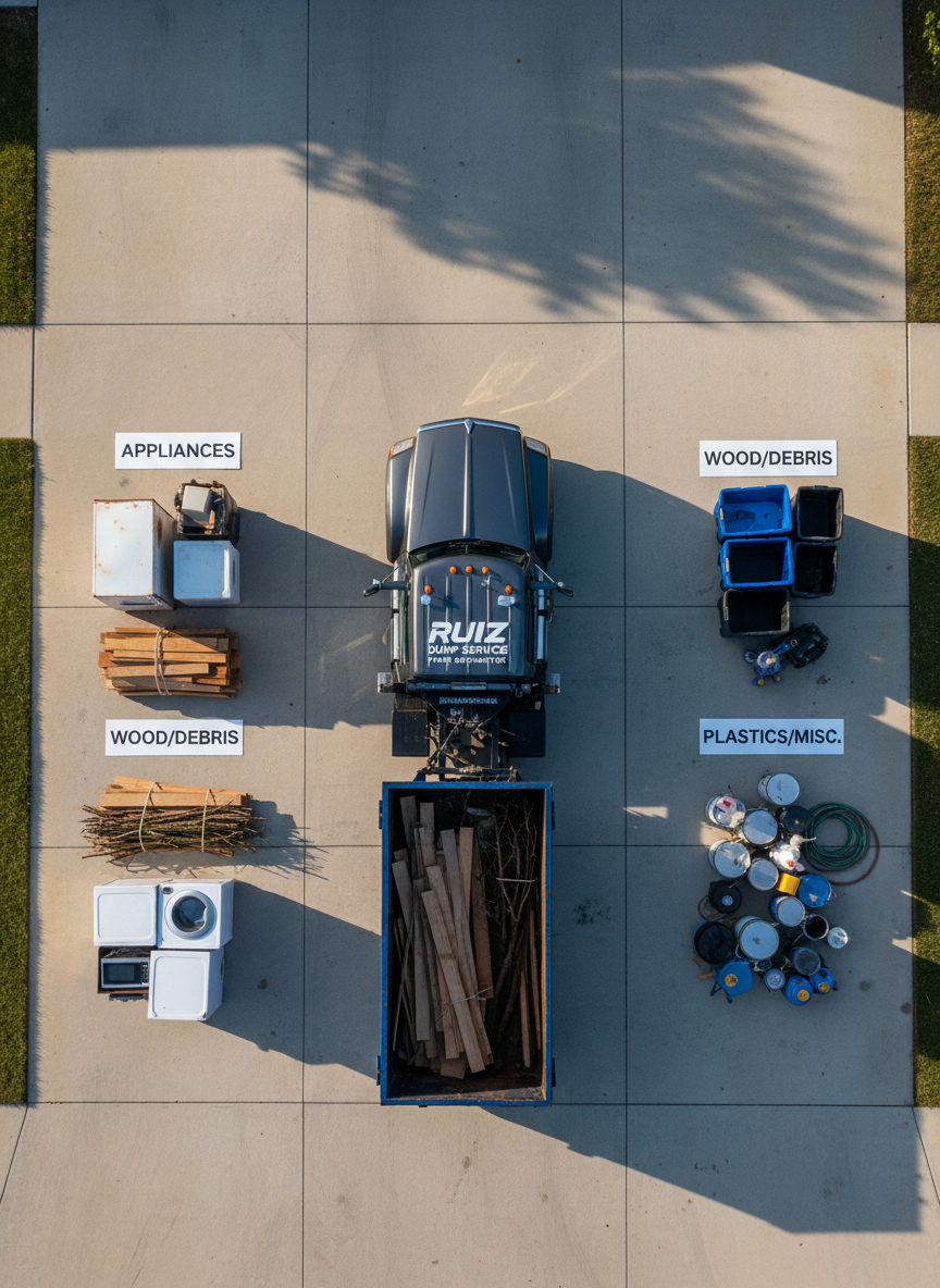 A meticulously organized driveway cleanup scene showing a small fleet of Ruiz Dump Service equipment: a powerful dark-gray hauling truck hitched to a compact blue roll-off dumpster, both freshly washed and branded with bold white logos. Around them, sorted piles of household junk—old appliances, bundled scrap wood, neatly stacked plastic bins—are lined up in labeled zones on the bright concrete. Early morning light delivers a crisp, cool illumination, with long shadows stretching diagonally across the frame. Captured from a bird’s-eye view, the composition emphasizes order, process, and capacity. The photographic, clean and modern aesthetic conveys precision, reliability, and free-estimate professionalism, suggesting a well-run junk removal operation ready to tackle any residential or small commercial job without depicting any people.