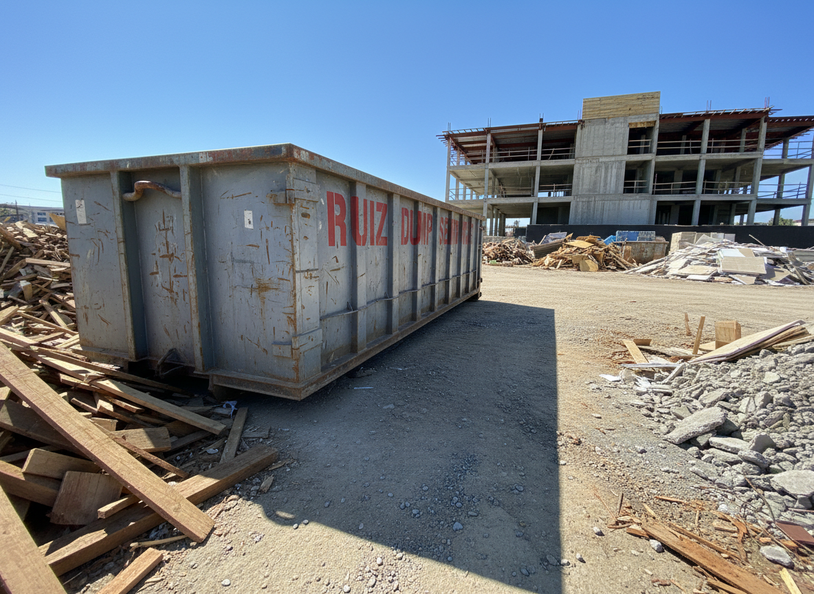 A cluttered construction site in mid-cleanup, with a prominent Ruiz Dump Service dumpster in the foreground, its robust steel frame and reinforced corners sharply detailed in photographic realism. Around it, neatly corralled debris piles of lumber offcuts, broken concrete, and old drywall are clearly separated from the cleared central work area. Strong midday sunlight beams down, creating high contrast and crisp, defined shadows that emphasize the durability of the equipment. The camera angle is low and slightly tilted upward, making the dumpster appear powerful and dominant against a clear blue sky and partially framed unfinished building. The bold, dynamic mood reinforces site cleanup strength, reliability, and heavy-duty hauling capability with no workers visible anywhere.