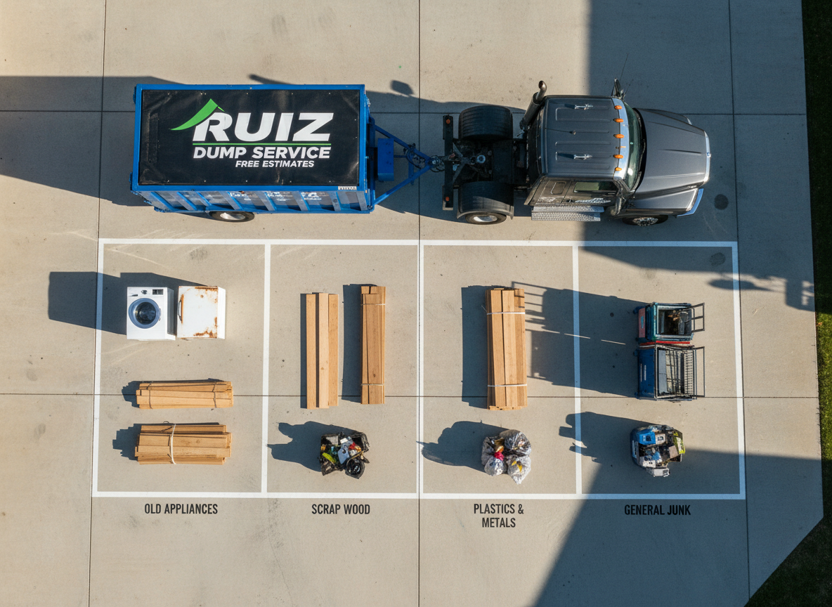 A meticulously organized driveway cleanup scene showing a small fleet of Ruiz Dump Service equipment: a powerful dark-gray hauling truck hitched to a compact blue roll-off dumpster, both freshly washed and branded with bold white logos. Around them, sorted piles of household junk—old appliances, bundled scrap wood, neatly stacked plastic bins—are lined up in labeled zones on the bright concrete. Early morning light delivers a crisp, cool illumination, with long shadows stretching diagonally across the frame. Captured from a bird’s-eye view, the composition emphasizes order, process, and capacity. The photographic, clean and modern aesthetic conveys precision, reliability, and free-estimate professionalism, suggesting a well-run junk removal operation ready to tackle any residential or small commercial job without depicting any people.