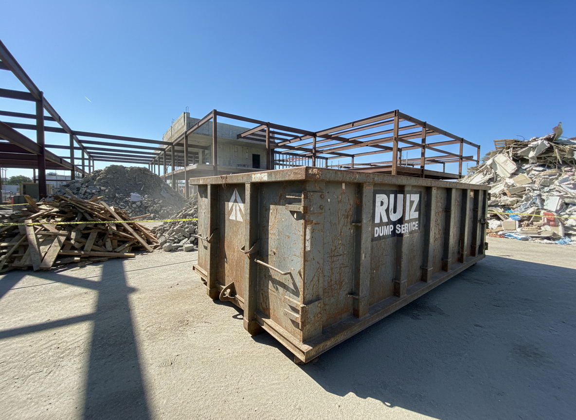 A cluttered construction site in mid-cleanup, with a prominent Ruiz Dump Service dumpster in the foreground, its robust steel frame and reinforced corners sharply detailed in photographic realism. Around it, neatly corralled debris piles of lumber offcuts, broken concrete, and old drywall are clearly separated from the cleared central work area. Strong midday sunlight beams down, creating high contrast and crisp, defined shadows that emphasize the durability of the equipment. The camera angle is low and slightly tilted upward, making the dumpster appear powerful and dominant against a clear blue sky and partially framed unfinished building. The bold, dynamic mood reinforces site cleanup strength, reliability, and heavy-duty hauling capability with no workers visible anywhere.